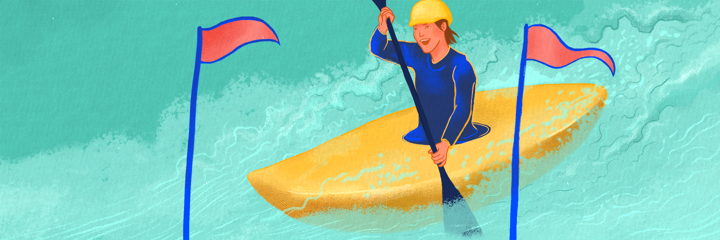 Illustration of someone in a kayak reaching the finish line