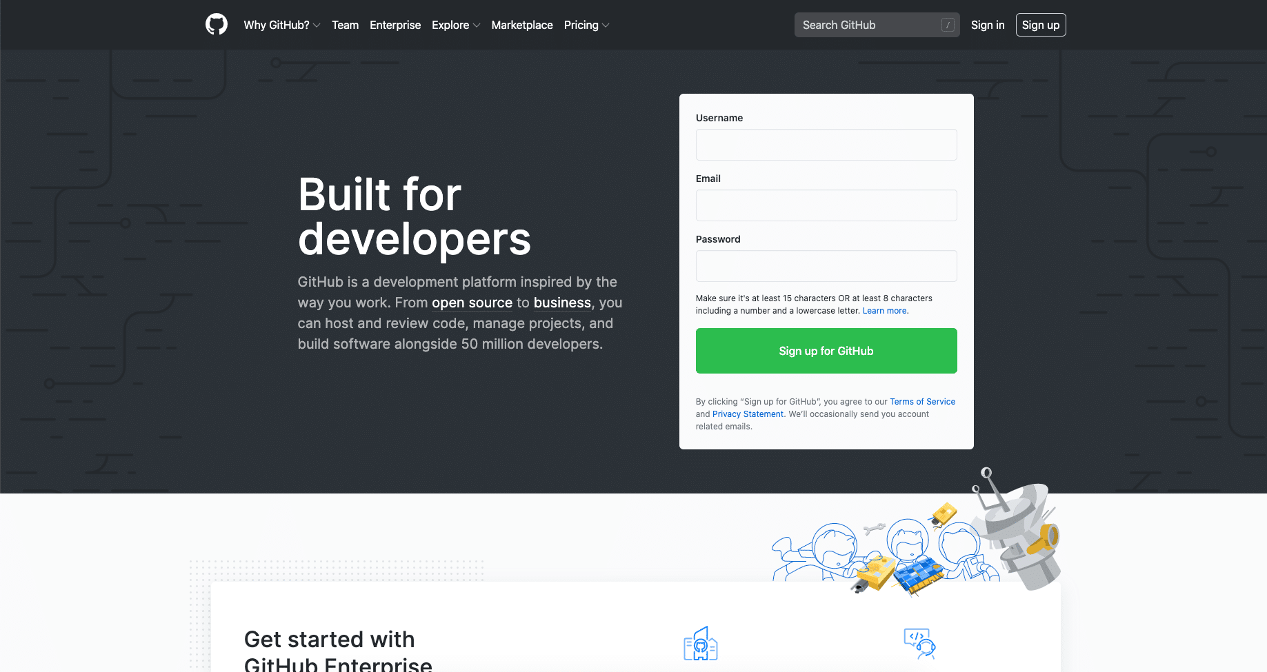 La página de inicio del sitio web de GitHub
