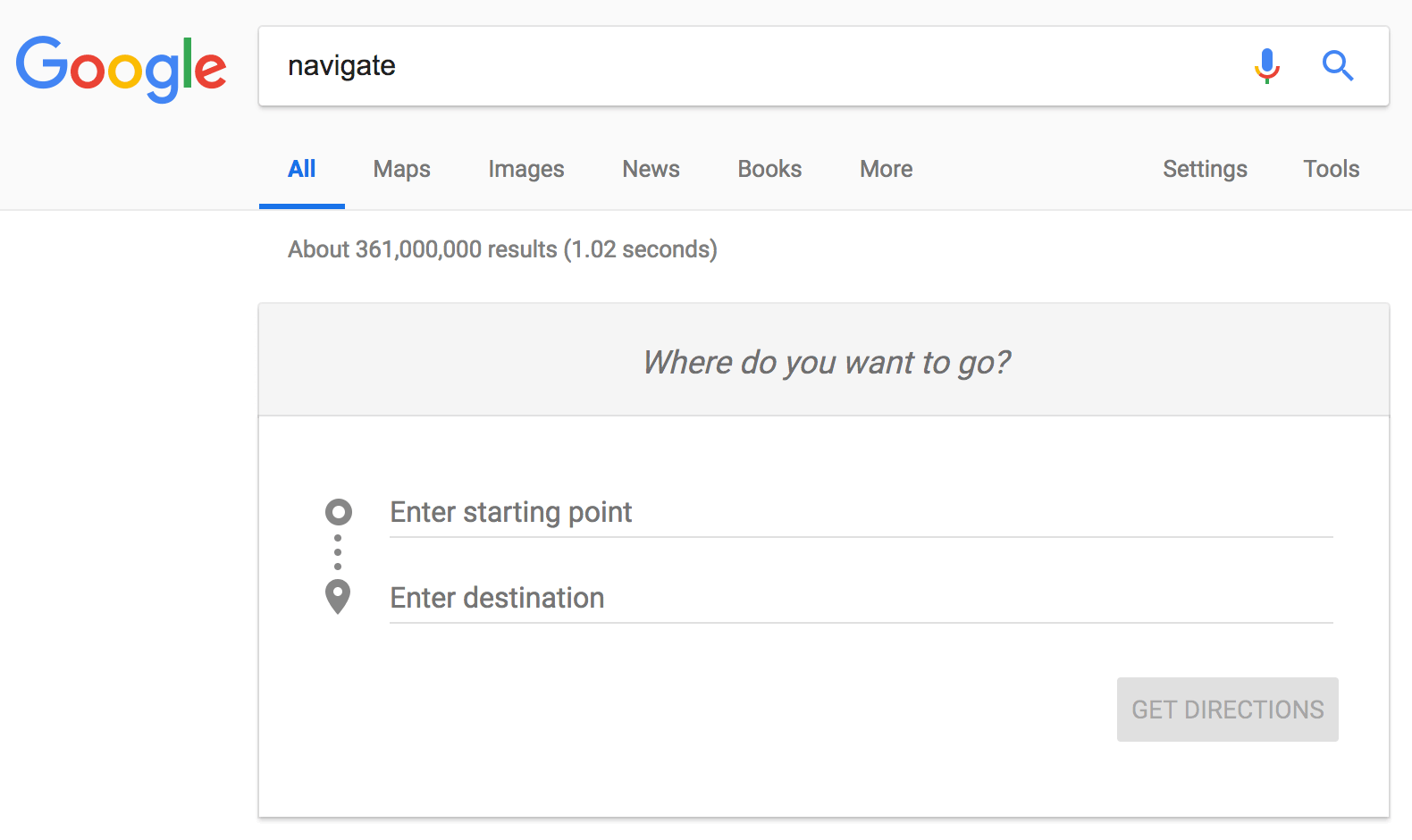 La consulta "Navegar" le pide a Google que pregunte: "¿Adónde quieres ir?"