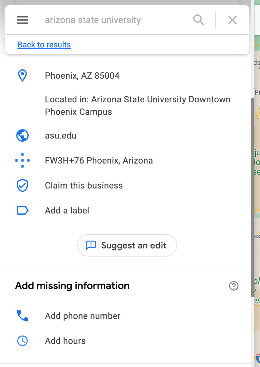 Detalles de Google Maps para la Universidad Estatal de Arizona