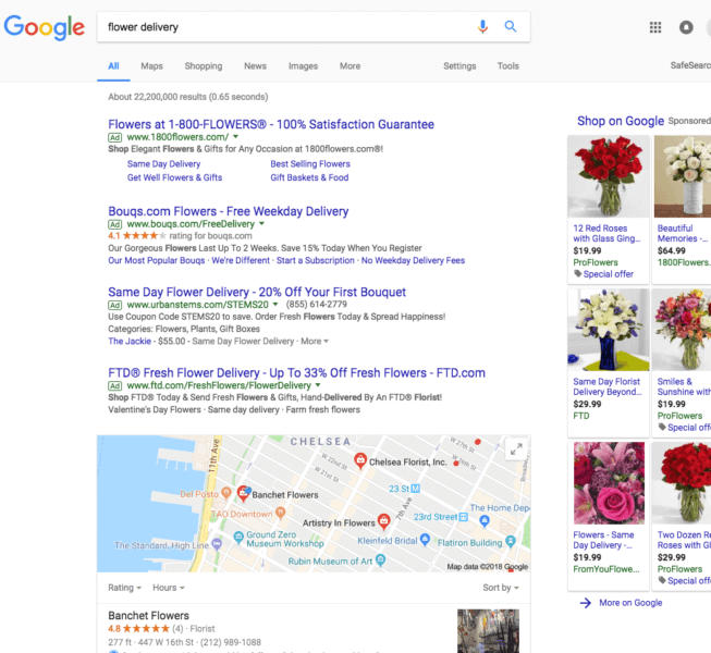 resultados de bÃºsqueda de adwords de entrega de flores
