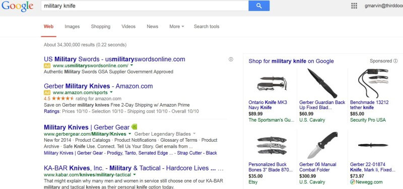 Anuncios de cuchillos militares de la política de Google adwords
