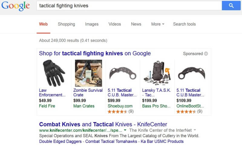 Política de Google AdWords: todavía se permiten los cuchillos de combate táctico