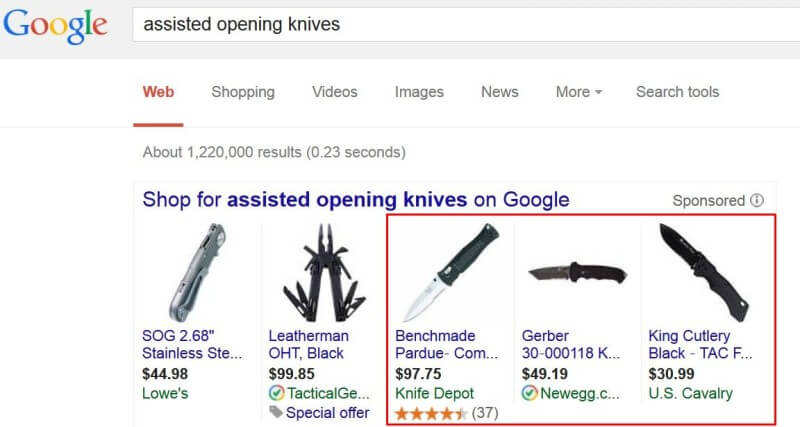 Política de anuncios de armas de Google AdWords: cuchillos de apertura asistida
