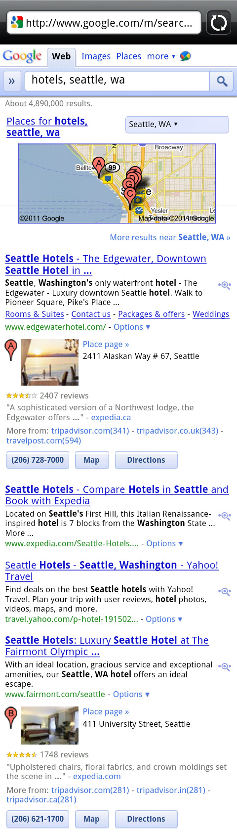 Resultados de bÃºsqueda de Google para hoteles, Seattle, WA en telÃ©fonos mÃ³viles Android