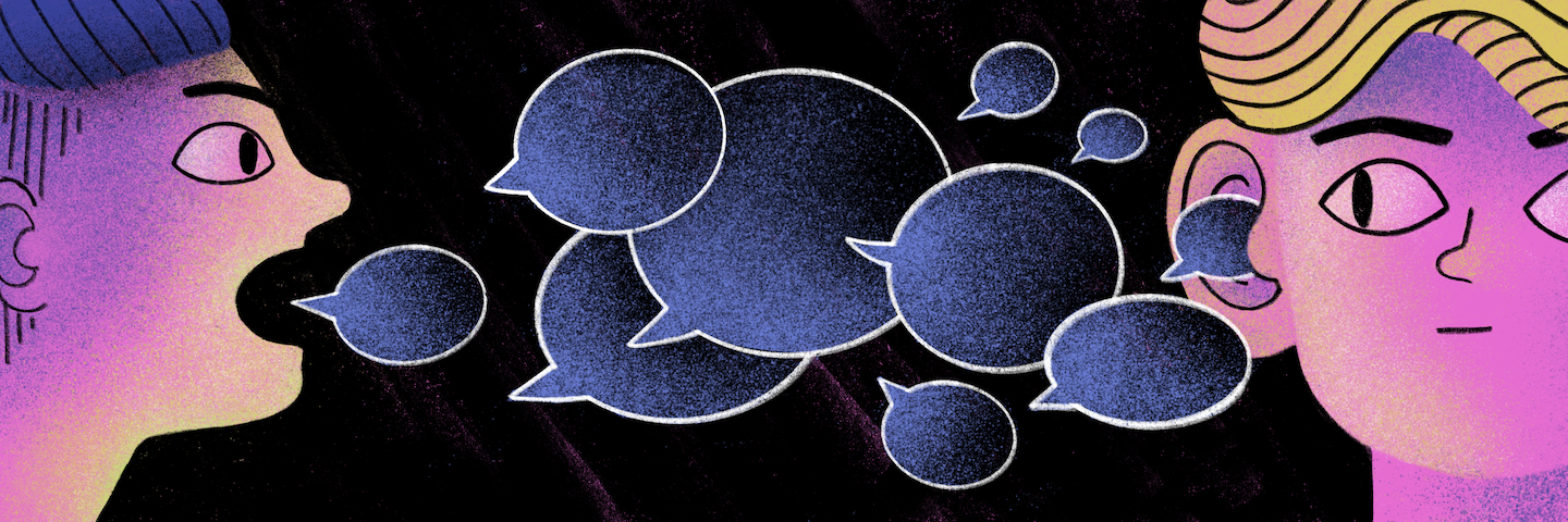 Illustration of a person speaking to another, with speech bubbles representing conversation
