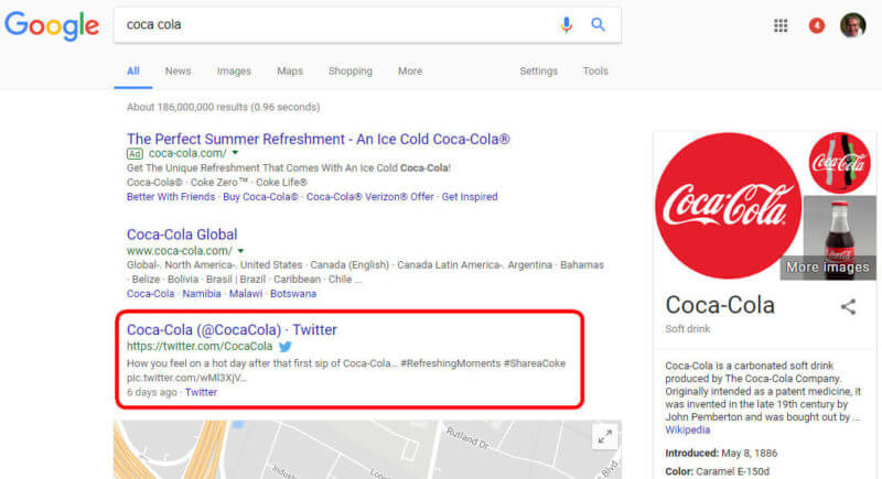 Cuenta de Twitter de Coca-Cola en los resultados de bÃºsqueda de Google