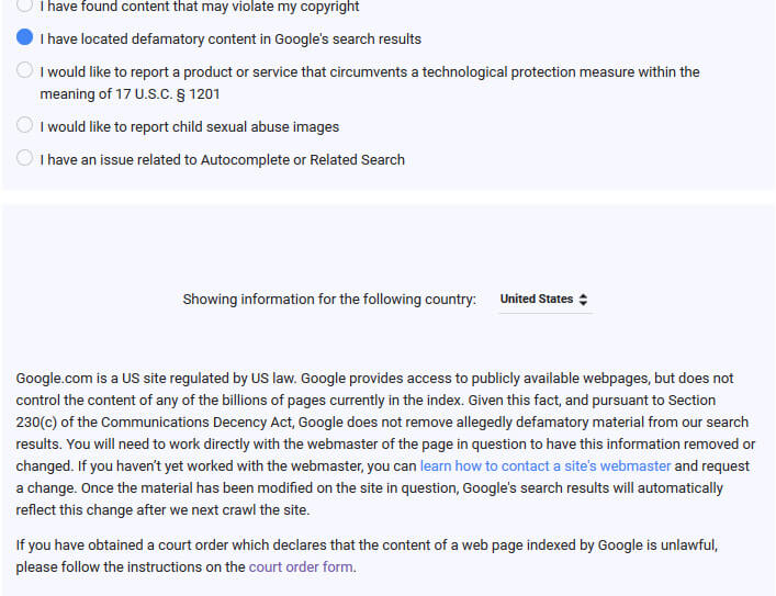 Formulario de solicitud de eliminación de contenido difamatorio de Google