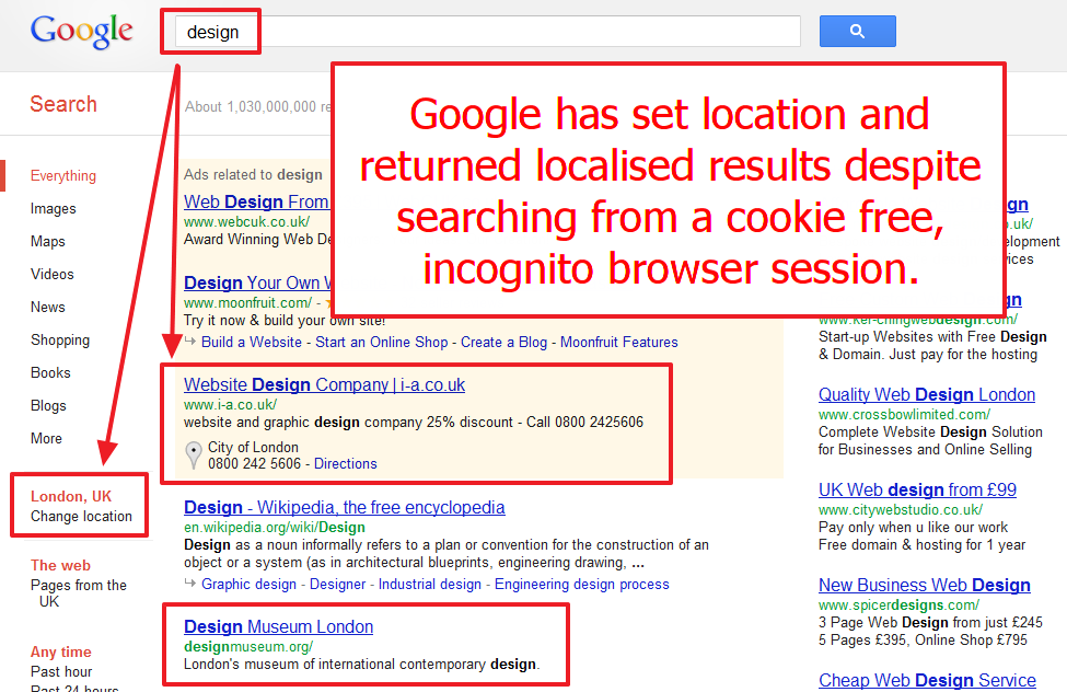 Google SERP showing localised results for a generic search term post Google Venice
