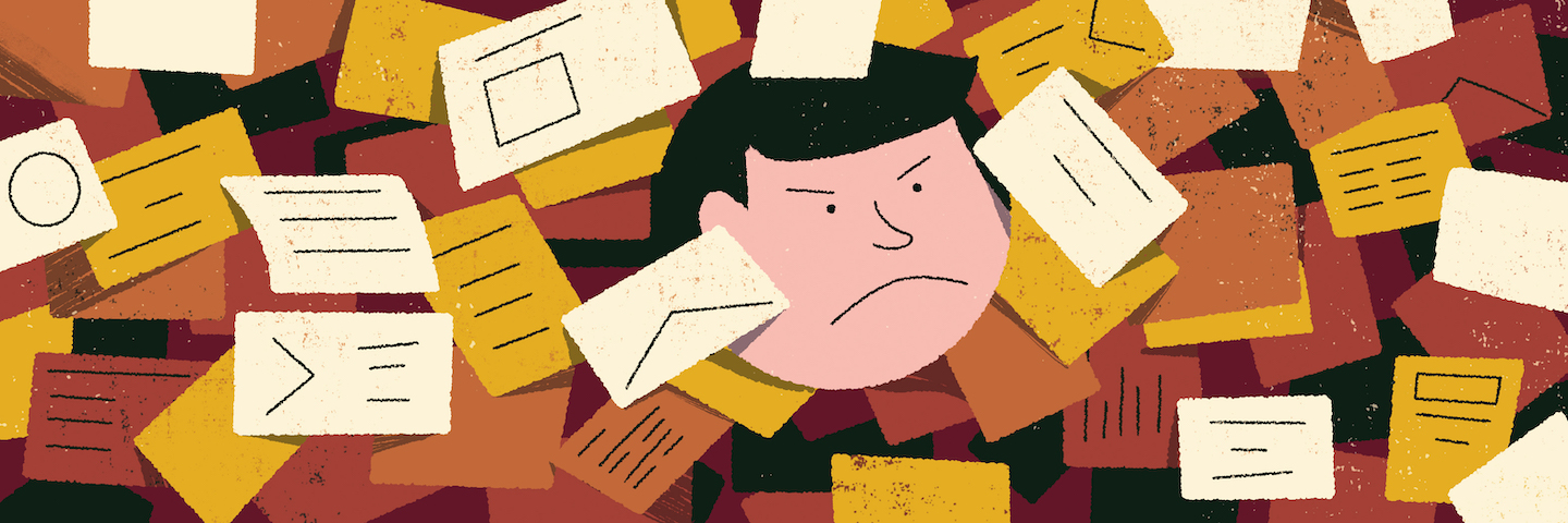illustration of someone looking unhappy with lots of letters surrounding them