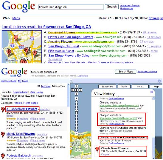 Screen Shot of Hijacking in Google Local 10 Pack and Maps