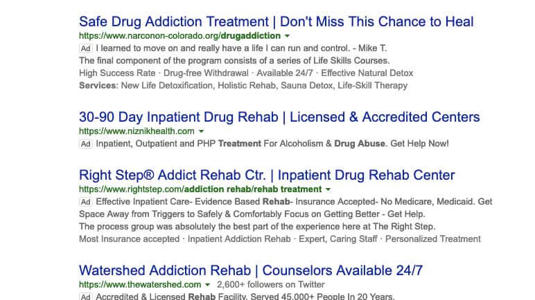 Anuncios de recuperaciÃ³n de adicciones en Bing