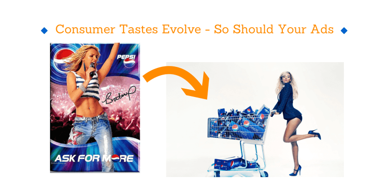 Pepsi evoluciona con los tiempos y consigue nuevos artistas para representar su marca.  Sus anuncios tambiÃ©n deben evolucionar y estar en sintonÃ­a con los gustos de los consumidores.