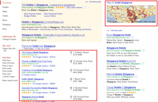 Una bÃºsqueda en el Reino Unido de 'Hoteles Singapur' en Google.