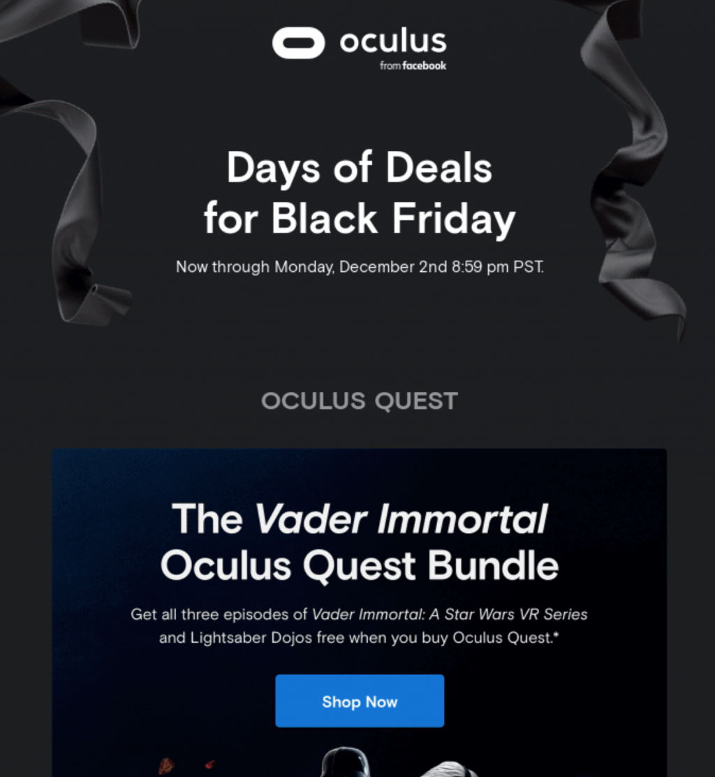 Ejemplos de correo electrÃ³nico de Black Friday y Cyber â€‹â€‹Monday: Oculus