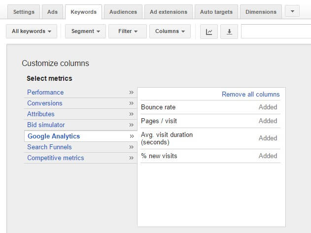 Columnas de Google Analytics en adwords para cambiar