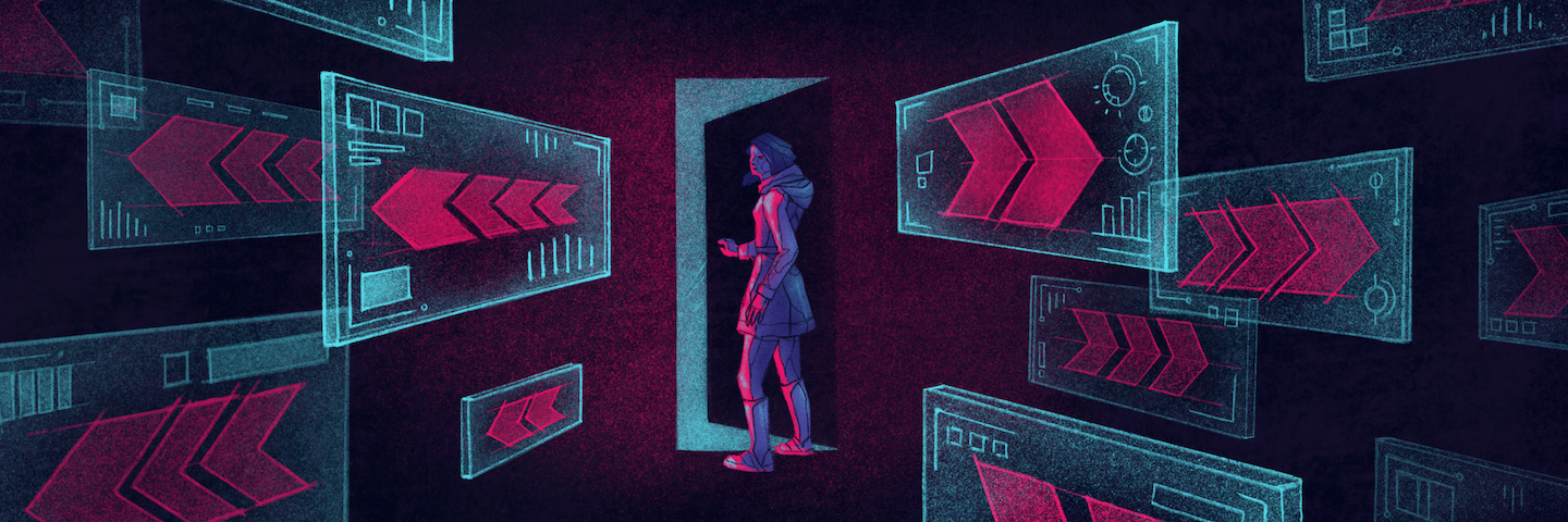 illustration of someone in a room with exit signs