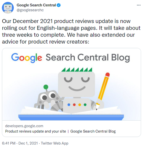 Imagen del Tweet de actualizaciÃ³n de reseÃ±as de productos de Google
