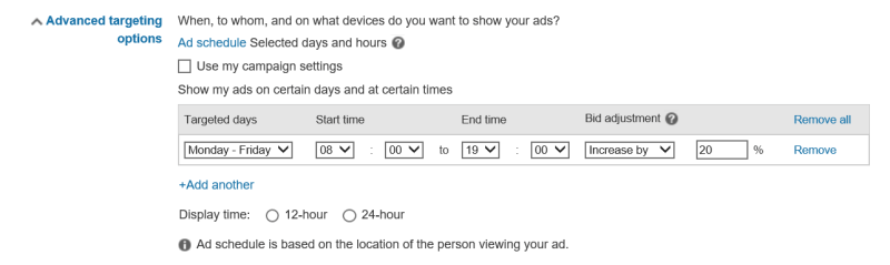 Captura de pantalla de la función de programación de anuncios