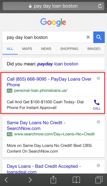 Este anuncio de solo llamada de personal-loan.phoneloans.com se conecta a un centro de llamadas de CashNetUSA. 